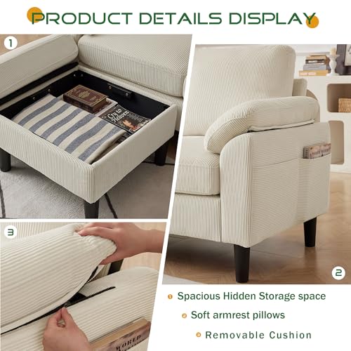 Image of 3 Pieces Corduroy Sofa Set for Living Room with Sofa, Storage Ottoman and Single Chair
