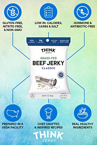 Classic Beef Jerky by Think Jerky — Delicious Chef Crafted Jerky — Grass-Fed Beef Free of Gluten, Antibiotics and Nitrates — Healthy Protein Snack Low in Calories, Fat and Salt — 1.5 Ounce (8 Pack)