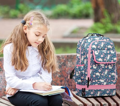 Image of Leaper Cute Unicorn Laptop Backpack Water-resistant Double Deck Insulated Lunch Bag Satchel Dark Blue