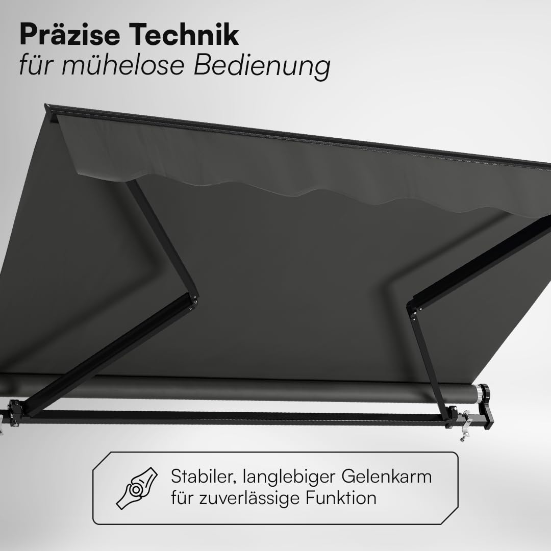 STEELSØN Kestria Markise für Balkon/Dachterrasse/Garten 200x150 cm – Gelenkarmmarkise Blickdicht & wetterfest – Außenrollo mit Kurbel aus Kunststoffgewebe – Sonnenmarkise mit Wandhalterung Anthrazit