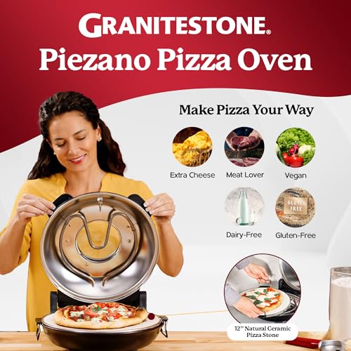 PIEZANO Crispy Crust Pizza Oven by Granitestone – 12 Inch Electric Pizza Oven Indoor Countertop Maker with Ceramic Stone Heats up to 800˚F for Stone Baked Pizzeria Style at Home As Seen on TV Products
