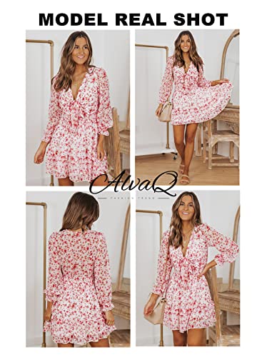 Image of AlvaQ Women Spring Fall Long Sleeve A Line Floral Print Dress Sweet Sexy V Neck Knot Front Sundress Fashion 2025 Pink Medium