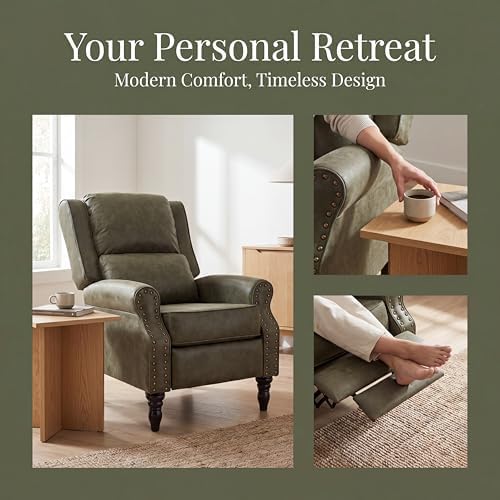 Image of Leather Recliner Chair with Adjustable Backrest & Footrest, Green
