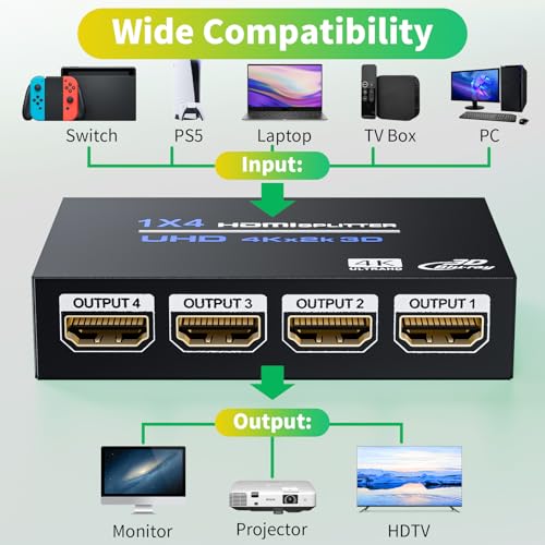 Image of BolAAzuL 1x4 HDMI Splitter 4K 1 in 4 Out HDMI Splitter' Hub Audio Video Distributor Box 4 Way HDMI Duplicator Adapter with Power for 4 Monitors Mirror Display Multi-Screen for TV PS3 PC DVD Projector