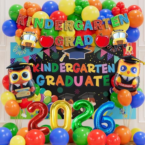 Kindergarten Graduation Decorations Kit 2026 50+ Pcs Graduation Balloon Arch Kit with Backdrop 2026 Foil Number Owl Balloons & Banner