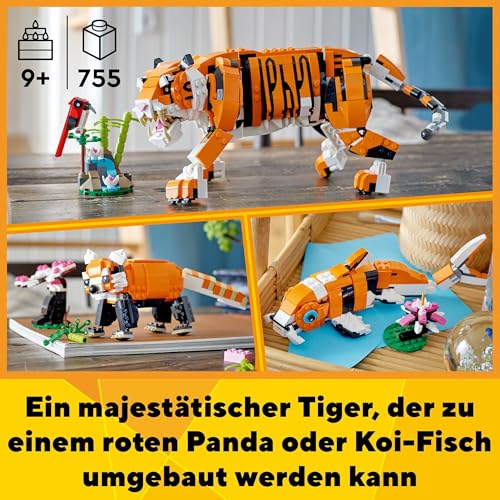 Foto von LEGO 31129 Creator Majestätischer Tiger, Panda oder Fisch, 3-in-1 Tierfiguren-Set, Spielzeug für Kinder, Jungen und Mädchen, Konstruktionsspielzeug mit Tieren
