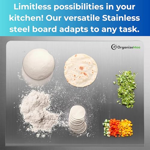 Image of OrganizeMee Stainless Steel 304 Fruit Chopping Cutting Board for Kitchen, Kitchen Metal Chopping Board for Vegetables Breads and Meats, Heavy Duty Safe (Platform Large 50X39CM)