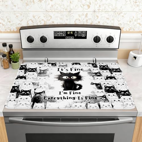 Image of Cat Stove Top Cover for Electric Stove 28 inchx 20 inch, Black Cat Heat Resistant Glass Top Stove Cover Protector, Glass Cooktop Covers, Kitchen Non-Slip Drying Mat Flat Electric Stove Top Covers
