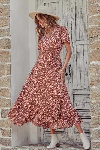 PRETTYGARDEN Women's Summer Maxi Dress Casual Wrap Floral Boho Short Sleeve V Neck Split Ruffle Beach Long Dresses