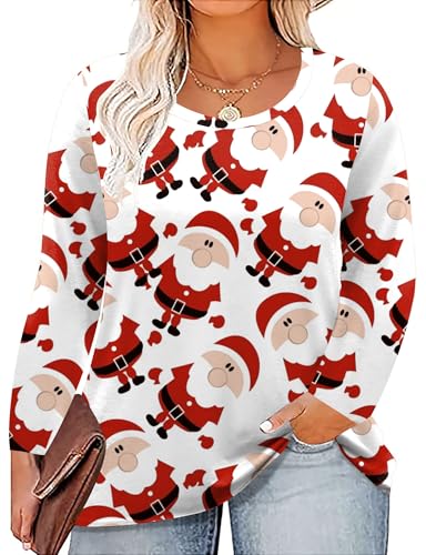 QAUN Plus Size Christmas Shirts Women: Snowman Graphic Tees Holiday Tops Winter Long Sleeve Clothes, White, 5XL Plus
