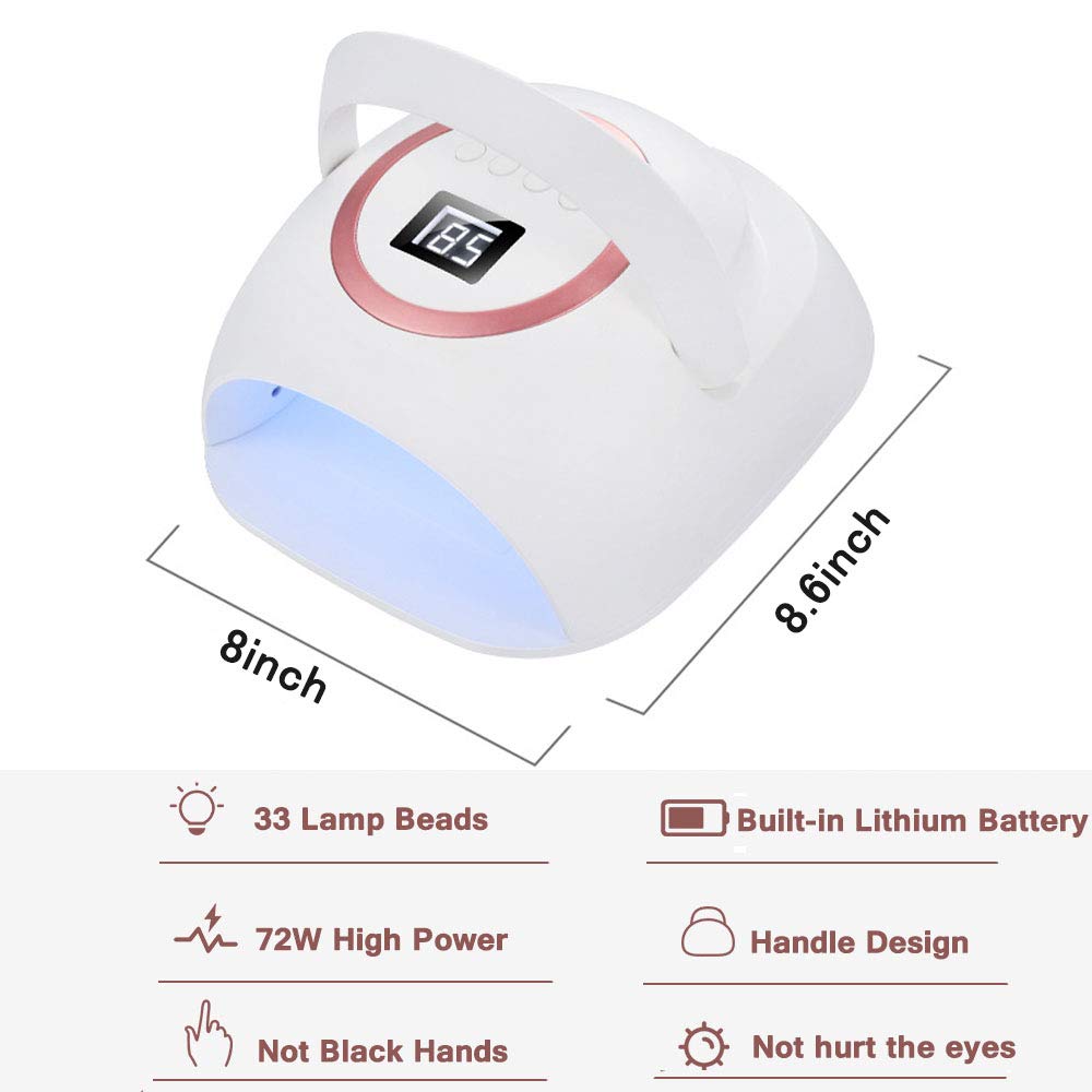 lamparas para uñas. Lámpara de uñas de gel inalámbrica LED de 72 W, secador de uñas LED recargable con batería de alta capacidad de 10000 mAh, luces de uñas de gel profesionales, herramientas de manic
