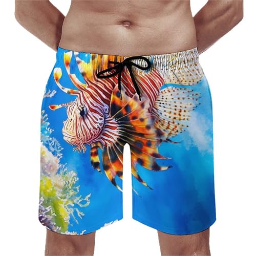Colorful Lionfish Men's Board Shorts with Mesh Liner Quick Dry Swim Trunks Hawaii Beach Short Pants