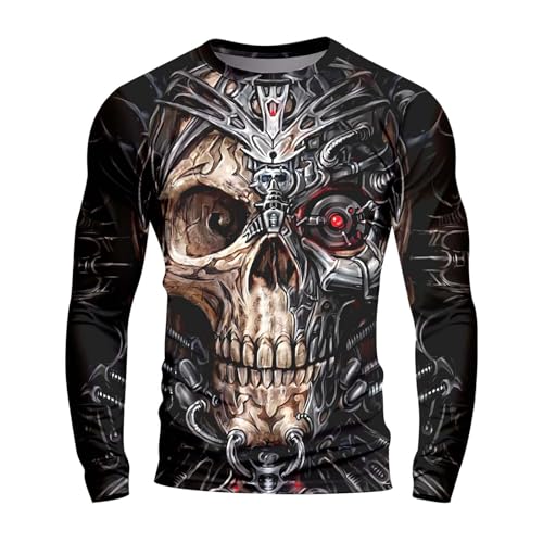 Camiseta de manga larga para hombre, diseño de calaveras, cuello redondo, informal, fitness, entrenamiento, básica, cómoda, ropa de casa, pijamas, vintage, informal, ligera, de algodón, corte