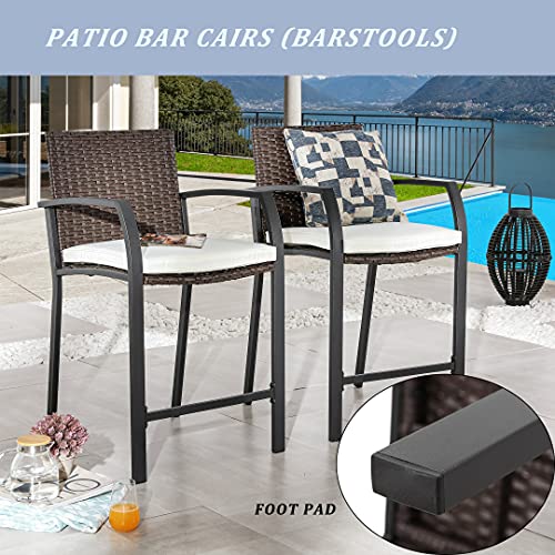 Lokatse Home 2 Piece Bar Stools Counter Height Chair Patio Furniture With Armrest For Garden Pool Lawn Backyard, Beige #TOP2