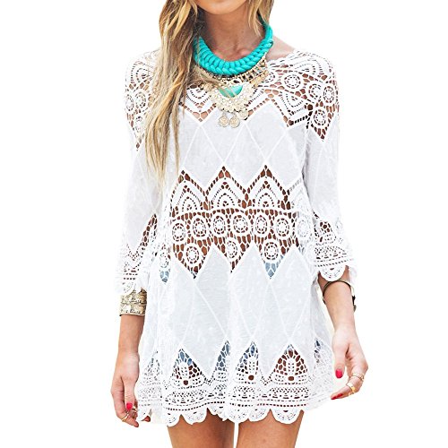 DELEY Mujeres Encaje Elegante Hueco Vestido De Playa Bikini Cubrir Cover-up Pareo Vestido Blanco