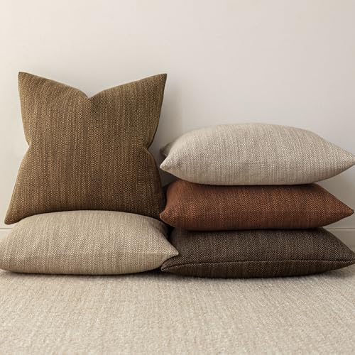 Image of Foindtower Set of 2 Decorative Textured Burlap Linen Throw Pillow Covers Farmhouse Boho Cushion Cover Solid Accent Pillowcase for Couch Sofa Bed Living Room Home Decor,18x18 Inch,Golden Brown