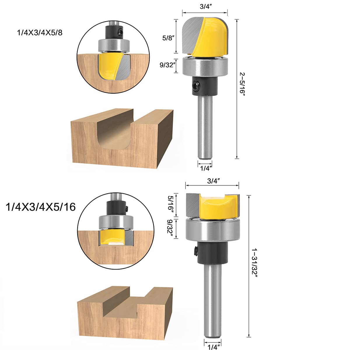 6PC 1/4" Shank Pattern Bit Flush Trim Bit Bit with Bearing Hinge Mortising Router Bit Wood Trimmer Cutter