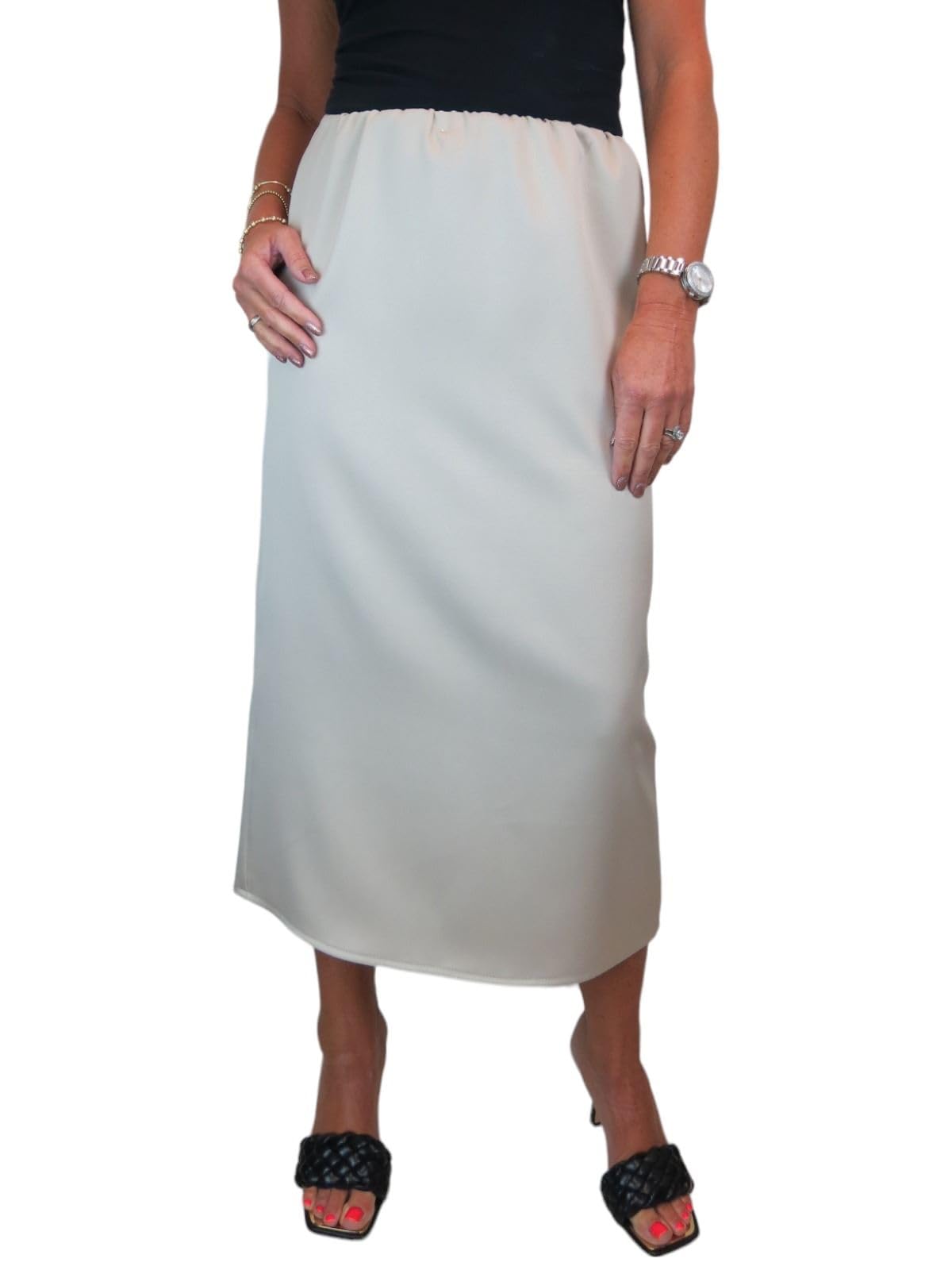 Paulo Due Women's Midi Maxi Matte Satin Skirt Elasticated Waist in Beige | Size: 16