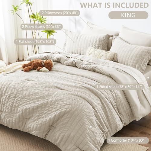 Image of HIMEET King Size Comforter Set - 7 Pieces Seersucker Bed in a Bag, Boho Bedding Sets for Bedroom Decor, All Season Home Essential Bed Set with Comforter, Sheets, Pillowcases & Shams, Beige