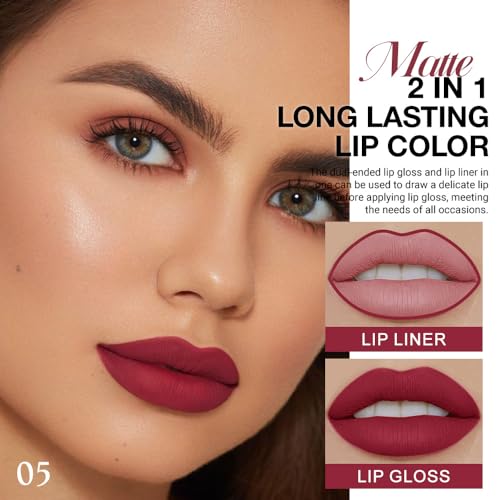 Image of evpct 1Pcs Cherry Frost Red Matte Lip Liner and Liquid Lipstick Stain Makeup Set for women, Red Long Lasting Smudge Proof Lipstick labiales matte mate larga duracion listip 24 hours originales,05#