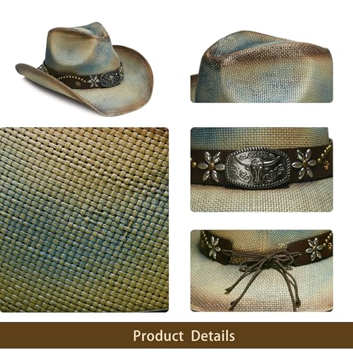 Image of YOUBADU Western Straw Cowboy and Cowgirl Hats with Decorative Bands - Unisex Wide Brim Raffia Style Sun Hat