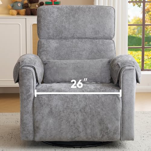 Image of Rhevoy Oversized Power Recliner Chair, 26" Extra Wide Swivel Rocker Recliner with Adjustable Headrest, Chenille Glider Rocking Nursery Chair with Overstuffed Armrest, USB Ports, Grey
