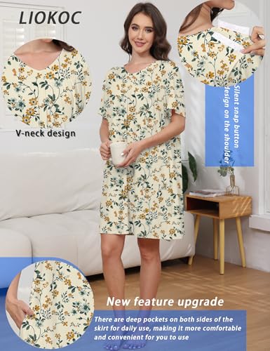 Image of Hospital Gowns for Women Open Back Tear Away Snap Post shoulder Dress Short Sleeve Soft Adaptive Clothing with Pockets