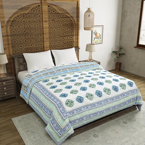 Image of BLOCKS OF INDIA Hand Block Printed Cotton King Size Quilt /Rajai | Blue Grey Rose