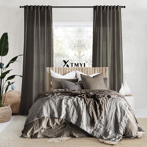 Image of XTMYI Brown Linen Curtains Drapes for Living Room Bedroom 108 Inch Curtains Long 2 Panels Semi Sheer Window Treatments for Dining Room
