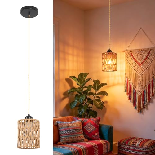 Image of Rattan Pendant Light 1 Light, Boho Farmhouse Woven Rope Shade Hanging Ceiling Light, Adjustable Drop up to 1.4m, E27/ES for Kitchen Island Dining Room Bedroom Hallway, Sloped Ceiling Compatible