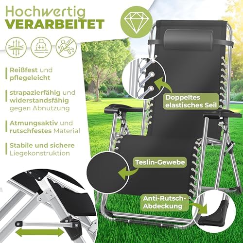 Bild 4 - KESSER® Sonnenliege Liegestuhl Klappbar & Wetterfest, Gartenstuhl Belastbar 200kg Ergonomisches Polster Extra Breit Verstellbare Rückenlehne Gartenliege inkl. Nackenkissen & Getränkehalter, Anthrazit