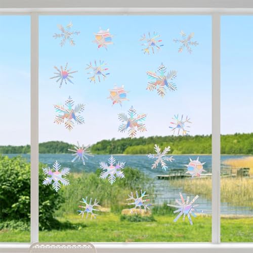 Image of 36PCS Snowflake Window Stickers Anti Collision Decals to Save Birds - Non Adhesive Prismatic Vinyl Rainbow Stickers