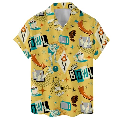 Vintage Bowling Retro Bowling Pin Hawaiian Shirt Vintage Bowling Button Down Short Sleeve Shirt