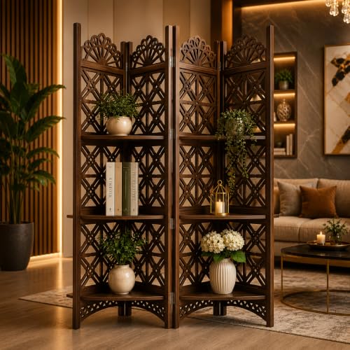 Image of Wooden Partition Divider for Living Room, Partition Wall, Privacy Divider, Freestanding Folding Panels (6 feet 5 Panel with Shelf) (6 Feet 4 Panel with 3 Shelf Brown)