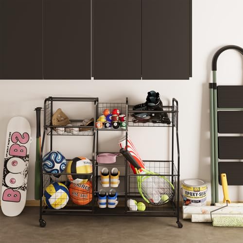 Garage Sports Equipment Organizer - Ball Storage Rack with Elastic Rope or Wire Mesh,Garage Organizer System with Wheels,Indoor/Outdoor Sports Rack for Sports Gear and Toys Storage,Black