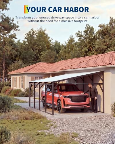 Image of Garvee 12x20x9 ft Lean-to Metal Carport, Wall-Mounted Car Port | Vertical Roof with 11.5 Slope / Heavy-Duty 19-Ga. Steel Frame / 107 inch to 78 inch Height Clearance for SUV & Pickup