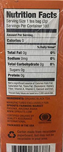 Sprouts Quality Hot or Cold Organic Tea Bags 100 (Black Tea)