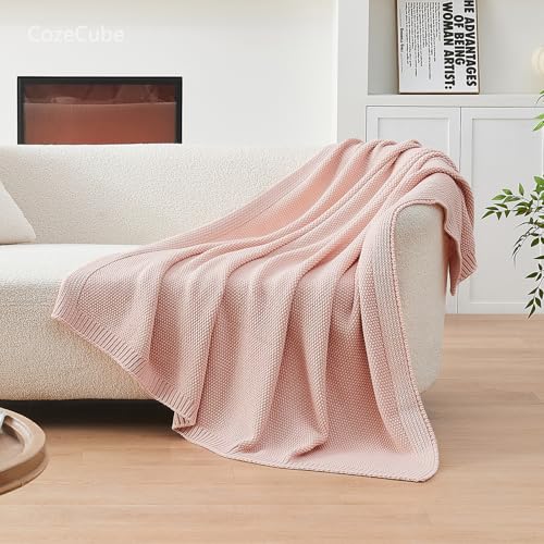 CozeCube Pink Throw Blanket for Couch, Soft Cozy Cable Knit Throw Blanket for Bed Sofa Living Room, Lightweight Warm Decorative Farmhouse Christmas Blanket, 60"x80", Pink