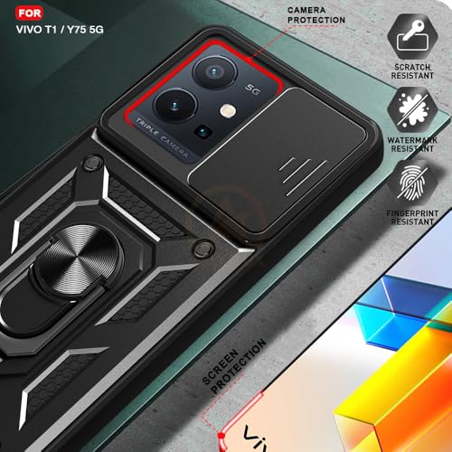 Image of Armor Bumper Back Cover Case for Vivo T1 5G / Y75 5G / iQOO Z6 5G | Rotating Camera Cover, Ring Holder & Kickstand | Heavy Duty & 360 Degree Protection Back Cover (Black)