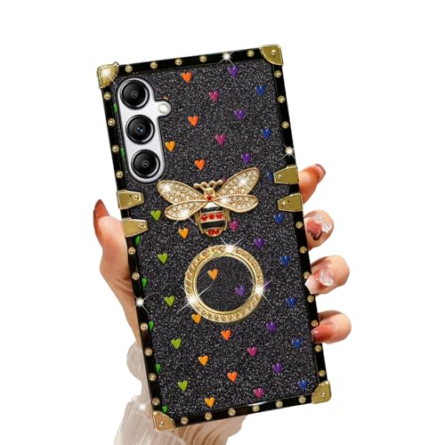 nancheng Case for Samsung Galaxy A14 5G Luxury Colorful Love Heart Bee Design Gold Electroplated Phone Cover with 360° Diamond Ring Stand Lanyard Strap Shockproof Protective Case for Women Girls