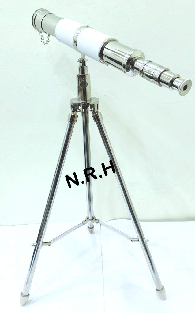 Telescopio de cristal espía con acabado cromado y cuero blanco de un solo barril en trípode de mesa