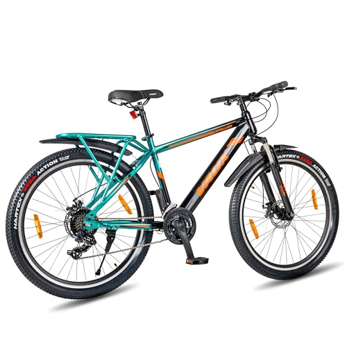 Image of Vaux Stallion-Pro 27.5T Gear Cycle for Men with Carrier, 27.5inch MTB with 21 Speed Shimano Gears, Front Suspension, Dual Disc Brakes, 18 inch Hi-Ten Steel Frame, Double Wall Alloy Rims(Green-Black)