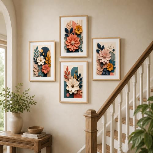 Image of Livin'luxe Set of 4 3D-Effect Floral Botanical Wall Paintings with Sparkle Laminate and Premium Wooden Synthetic Frame for Living Room Bedroom Office Decor (13.5 x 19.5 Inch)