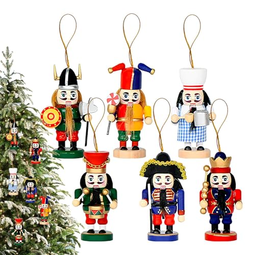 Ornamento natalizio di cracker di noci | 6 pezzi Soldati cracker di noci in legno con cinturino - figurina per decorazioni per le vacanze decorazioni del mantello 'albero di Natale