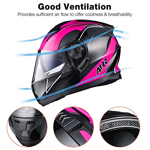 Ahr Motorcycle Helmet Dual Visor Modular Flip Up Full Face Helmet Dot Approved Helmet Run-M3 For Adult Motorbike Street Bike Moped Racing (Black Pink, L) #TOP4