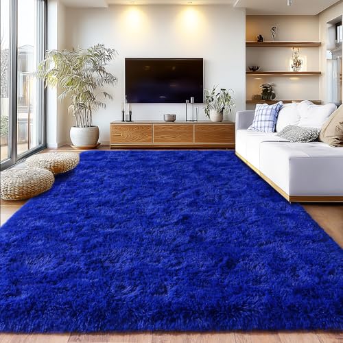 Large Fuzzy Rug 8x10 Feet Blue Fluffy Rug for Living