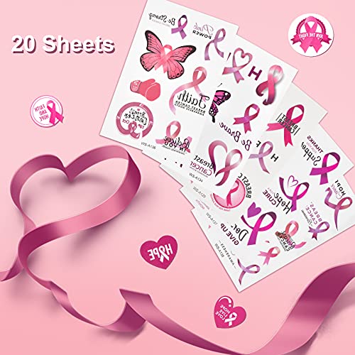 Wandic 20 Sheets Pink Ribbon Tattoo Stickers, Temporary Tattoos For Breast Cancer Awareness For Decoration Party Favor Supplies Public Activity Gift #TOP3