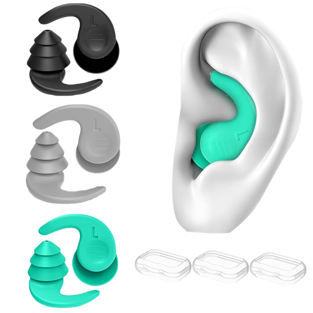 3 Pairs Swimming Ear Plugs for Adults，Silicone Waterproof Reusable Swim Earplugs for Surfing, Showering，Water Sports and Swimming Ear Plugs Adults. (Black + Green + Gray, Adults & Teens)