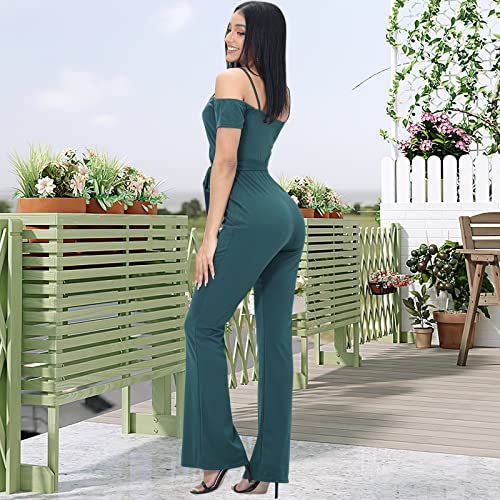 Women's Jumpsuit Elegant Sexy V Neck Off Shoulder High Waisted Flared Pants Casual Rompers Party Clubwear With Belt Dark Green M #TOP2