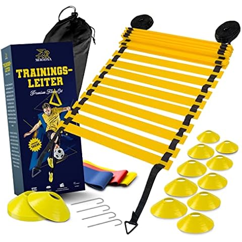 Magona - Profi Koordinationsleiter 6m - Fußball Trainingsset - Verstellbare Trainingsleiter - Inkl. Gymnastikbänder, Kegel, Befestigungshaken & Transporttasche Cover